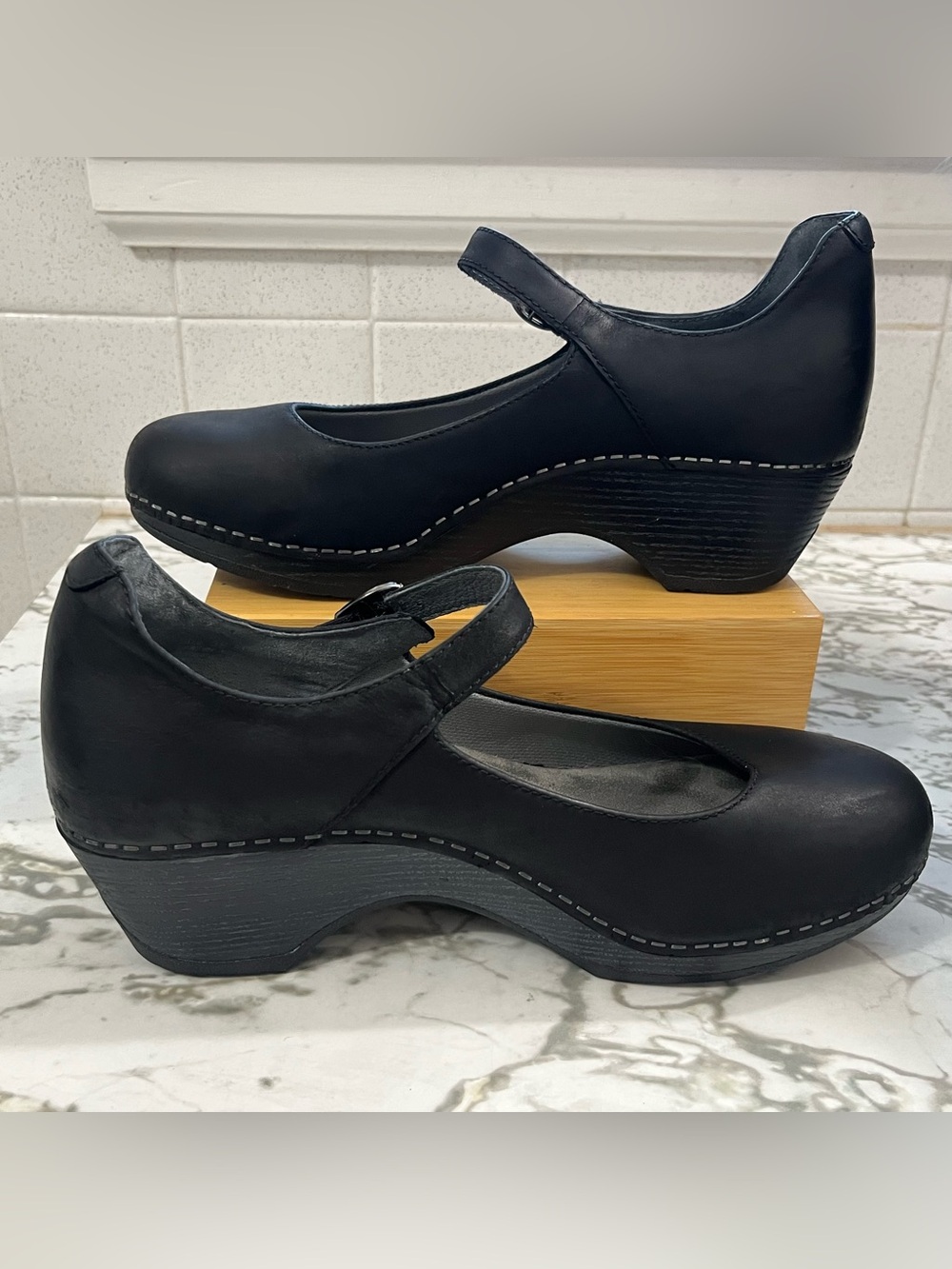 Dansko Marla Black Leather Mary Jane Wedge Clog 39